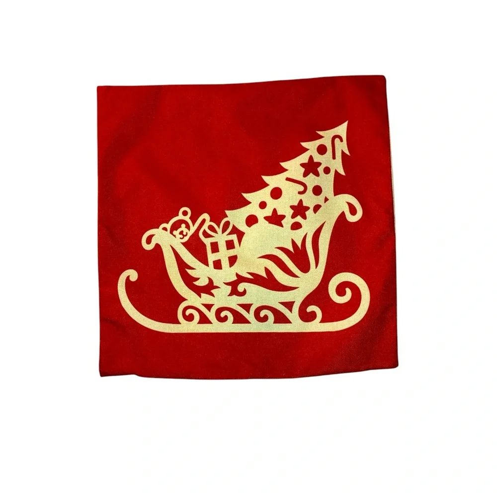 Christmas Sleigh Pillow Cover Tree Presents 17.5” x 17.5” Bottom Zip Red Cream